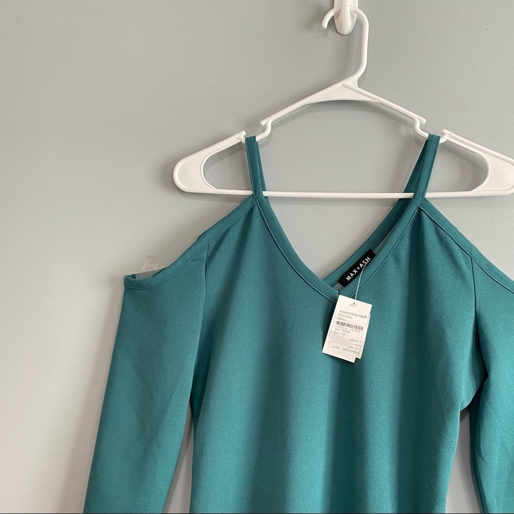 Max+Ash Cold Shoulder Long sleeves Sheath Dress with Slit In Emerald Green Sz M - Picture 3 of 8